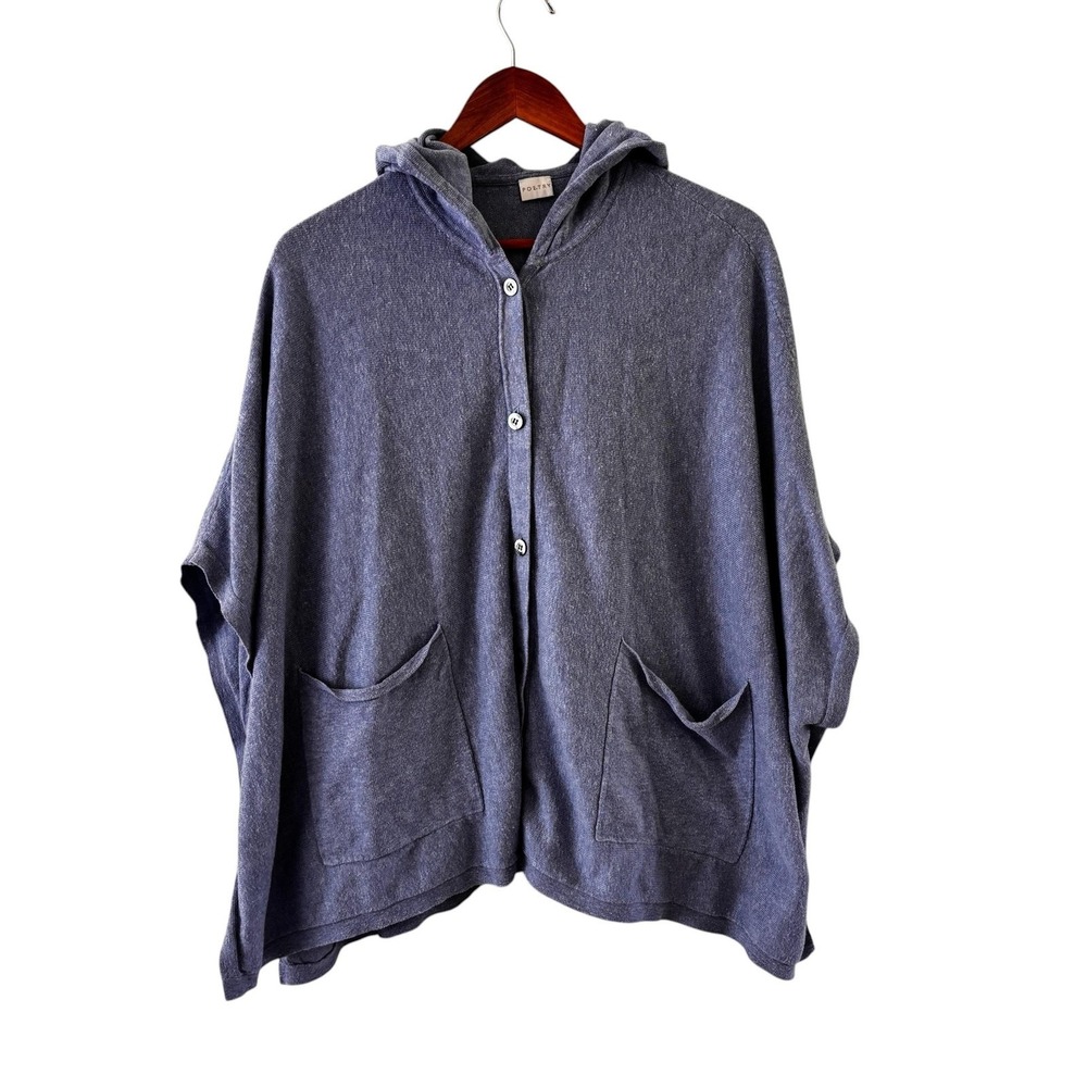 Poetry Linen Blend Hooded Cardigan Sweater Womens 8/10 Blue Poncho Lagenlook